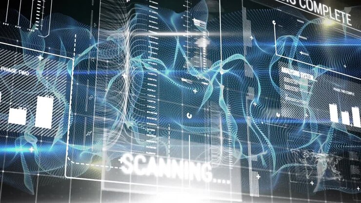 Digital interface with program codes, graphs, world map, and different graphics.