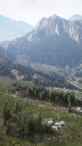 a stunning view of a mountain range with lush green trees and a valley below