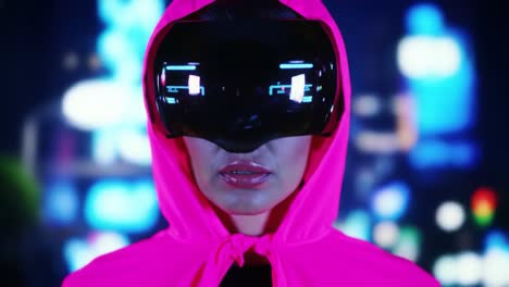 a mysterious figure in a vibrant pink cloak and futuristic vr goggles, gazing intently into a dynamic digital landscape full of bright lights and colors
