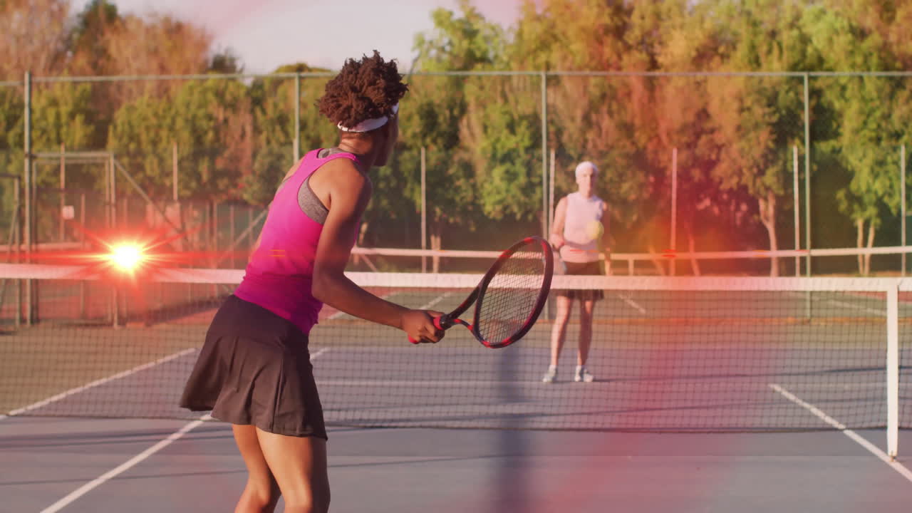Woman volleying tennis ball at net, opponent standing baseline, showing health infographic overlay