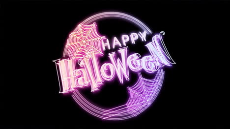 animation of happy halloween text over webs on black background