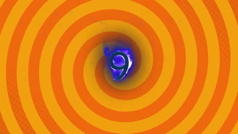 digital animation of flame effect over number nine against spinning spirals on yellow background