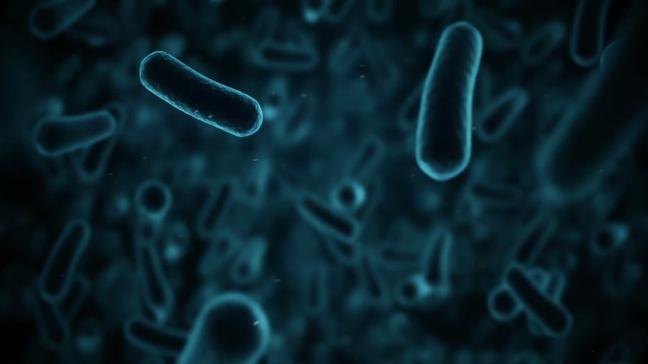 Digital generated bacteria cells flowing against black background
