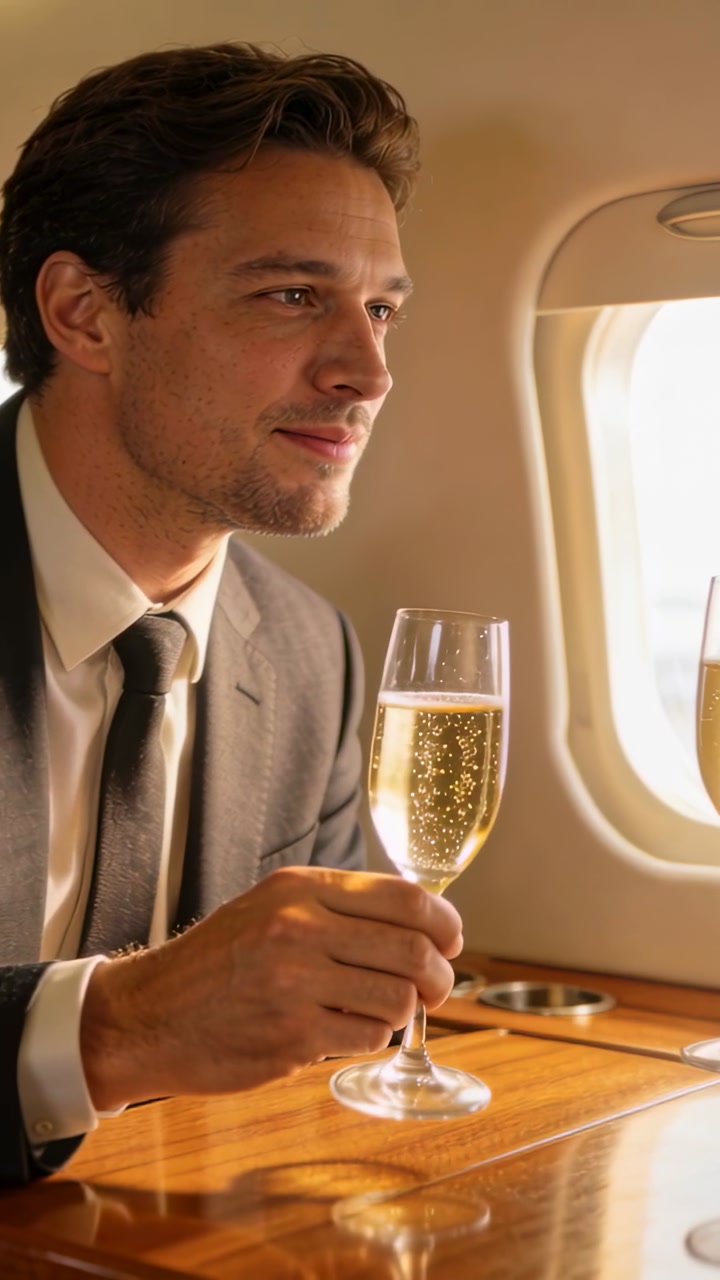 Vertical video: Smiling man in suit lifting flute as other raising flute in jet cabin toasting deal