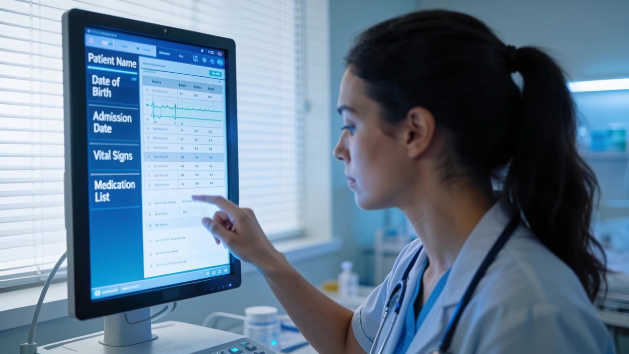Seeing ECG waveform, clinician in scrubs and stethoscope at touchscreen reviewing meds for chart