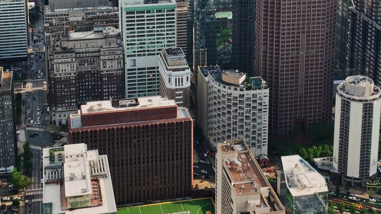 Aerial view of Philadelphia skyline with sports field and buildings