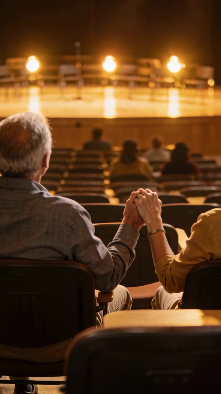 Video verticale: Coppia di anziani che si tengono per mano, guardando il palco di un teatro mentre le luci si accendono, indossando abiti casual.