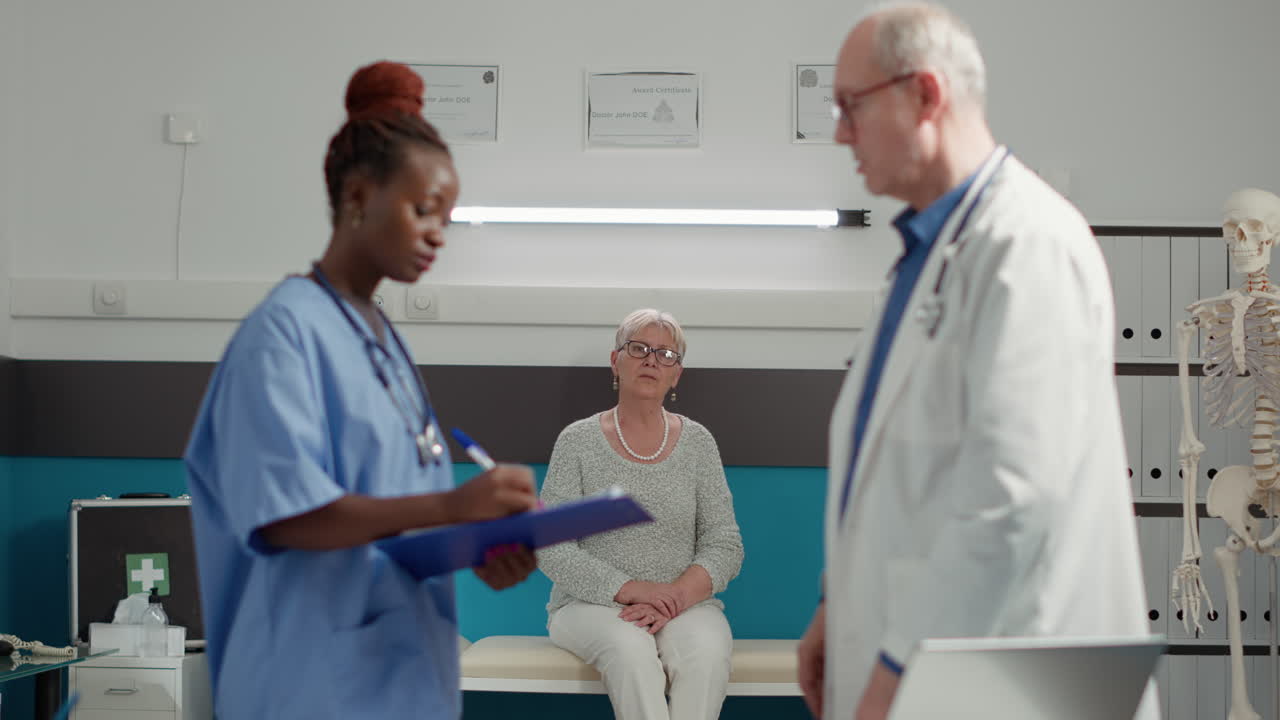 Retired woman waiting to receive sickness diagnosis from medical staff