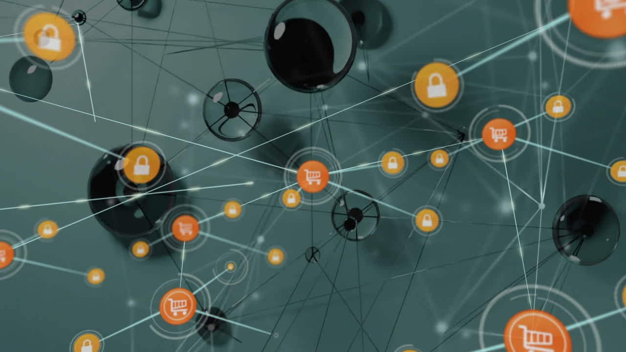 animación de la red de conexiones con iconos de compras sobre fondo verde