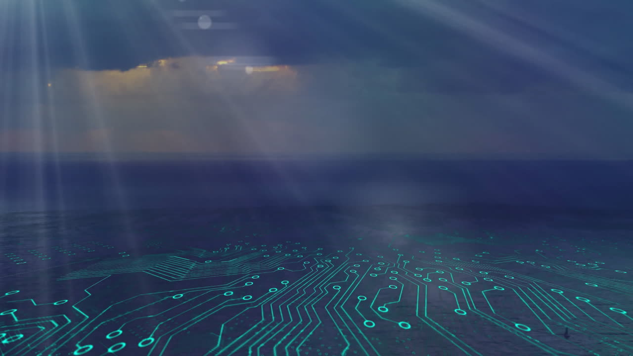 Animation of digital circuit pattern overlaying ocean with dramatic sky and sun rays