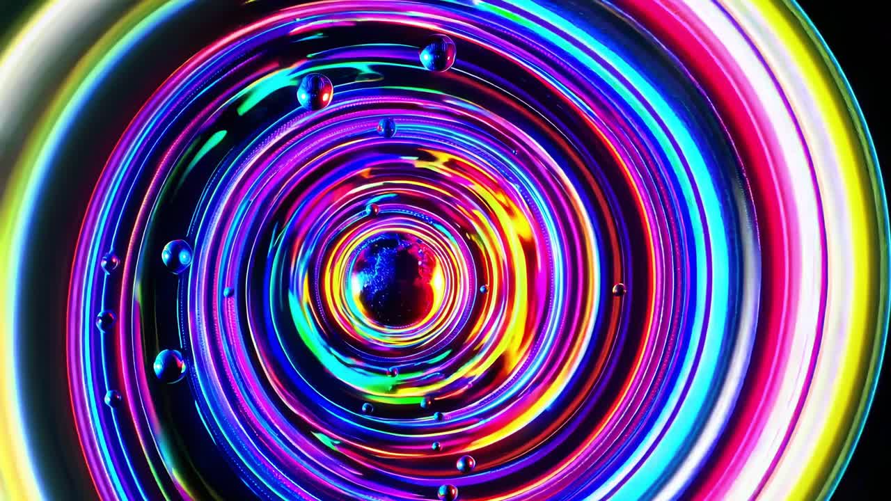 Colorful psychedelic cosmic journey swirling around planet Earth with vibrant neon rings and floating spheres creating a mesmerizing visual experience