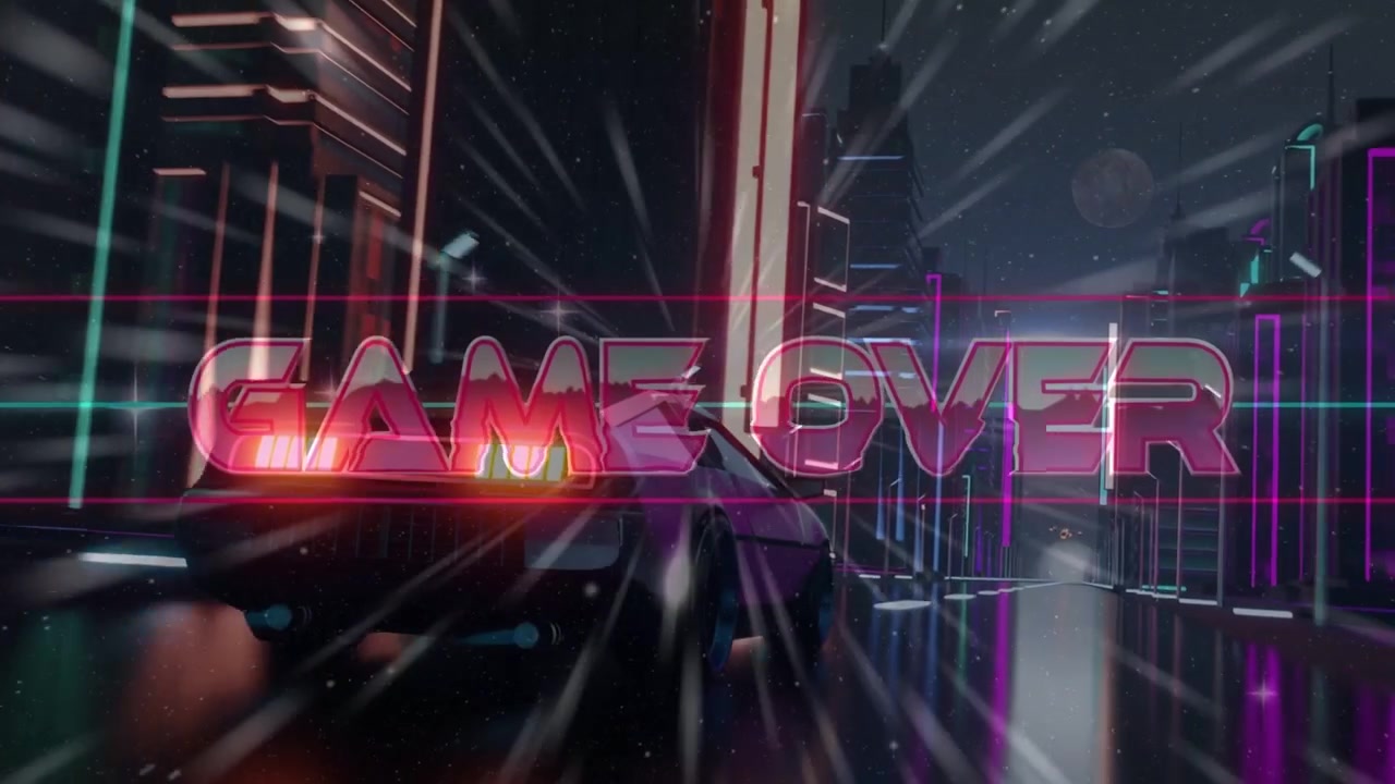 Auto sportiva che sfreccia, telecamera in movimento, sovrapposizione neon "GAME OVER" che svanisce al centro, segnalando la fine del gioco arcade.