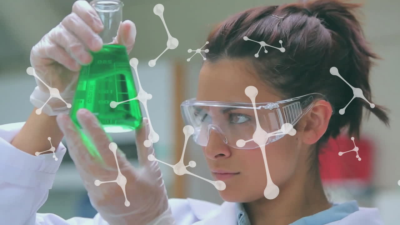 Animation of molecules over biracial female scientist working in lab