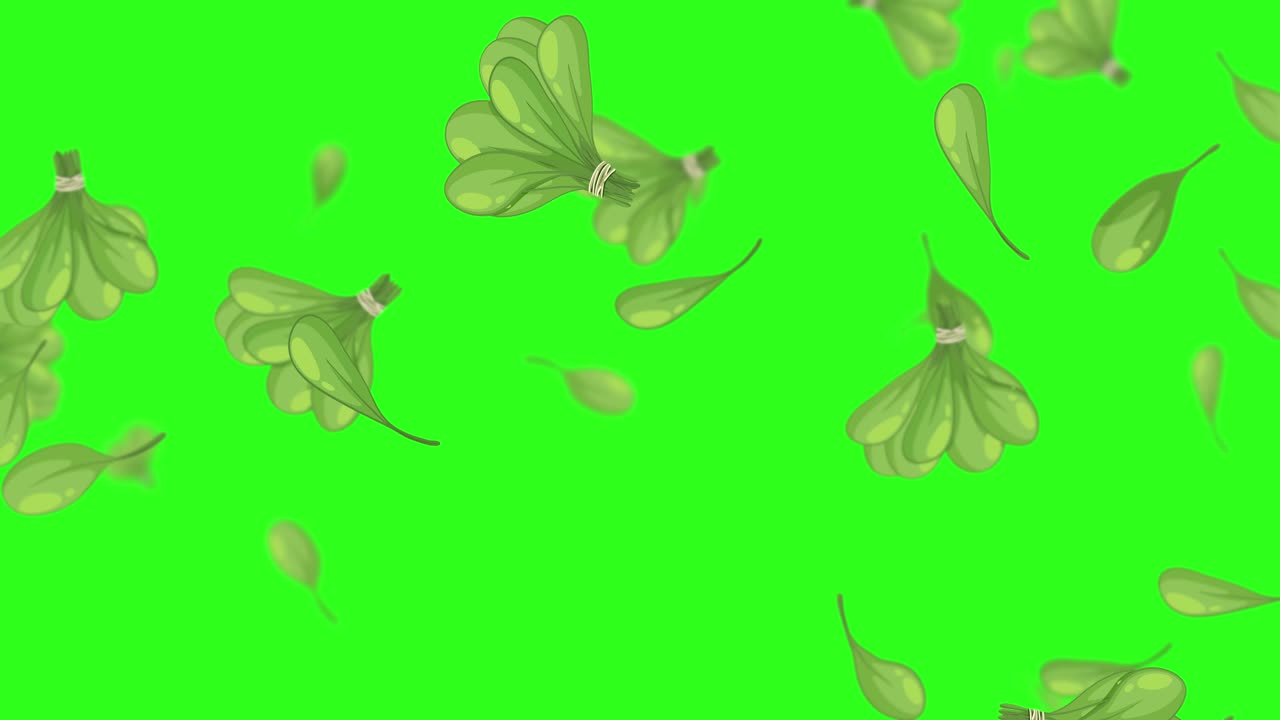 las hojas de col caen suavemente contra un telón de fondo verde brillante