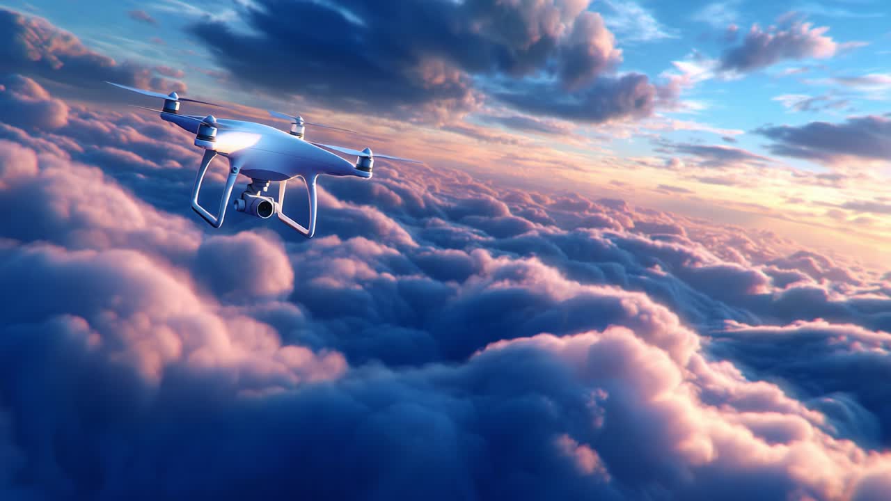 Aerial Exploration: Captivating Drone Adventure Above the Clouds at Sunset, Showcasing the Beauty of Technology and Nature Together in Perfect Harmony, Wrapped in Vibrant Colors and Soft Textures