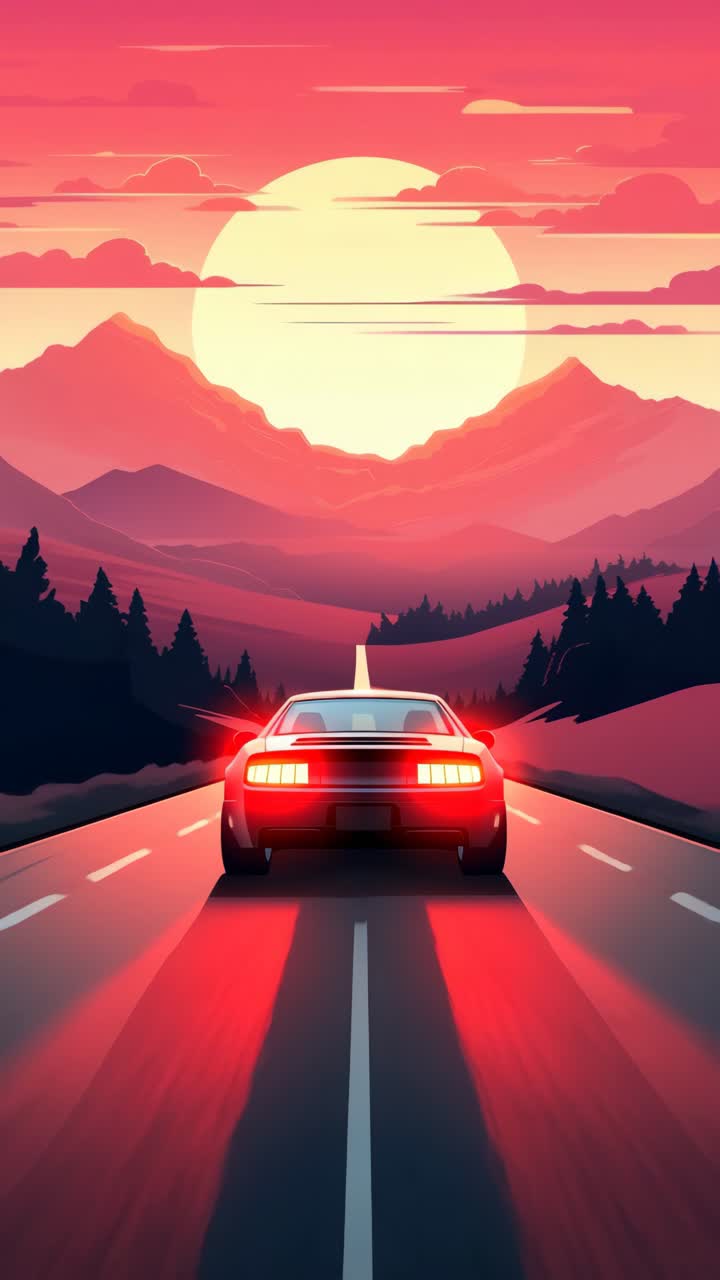 A retro-styled video concept of a car driving into a vibrant sunset, captured from a rear low-angle