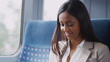 Mujer-De-Negocios-Sentada-En-El-Tren-Viajando-Al-Trabajo-Revisando-Mensajes-En-El-Teléfono-Móvil