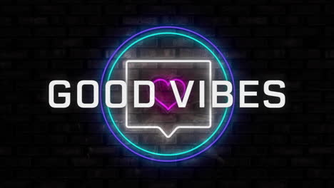 animation of good vibes text over neon pattern on black background