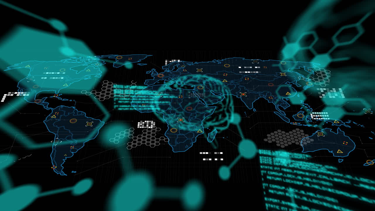 Global network connections and data processing animation over world map