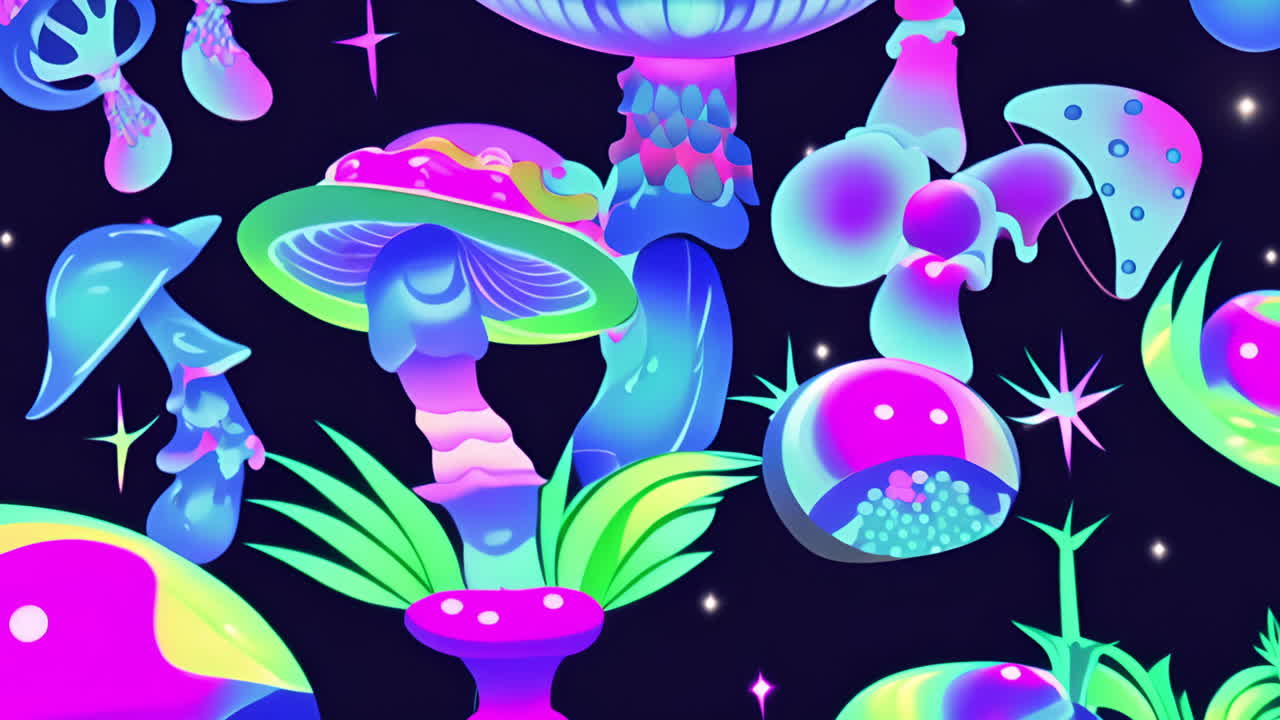 Colorful mushrooms and plants glowing, psychedelic animation