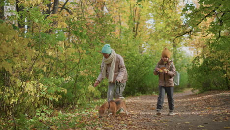 woman walking dog bends to pick autumn leaf and shares moment with daughter while strolling through peaceful forest trail under golden foliage during warm afternoon in nature