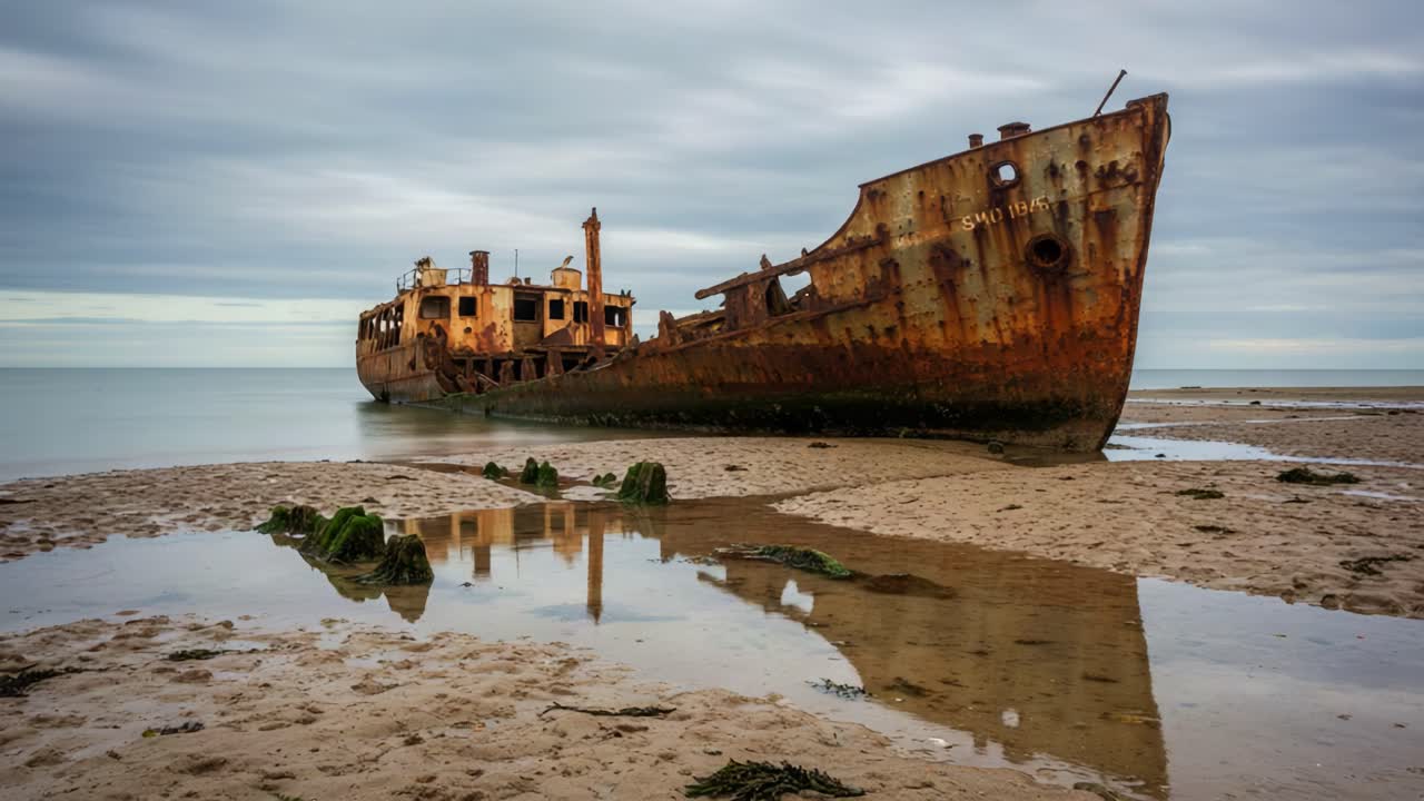 Abandoned Shipwreck on Sandy Shoreline Reflecting in Calm Waters Under a Cloudy Sky, Captured in Stunning Detail with Rust Patterns and Seaweed Surroundings