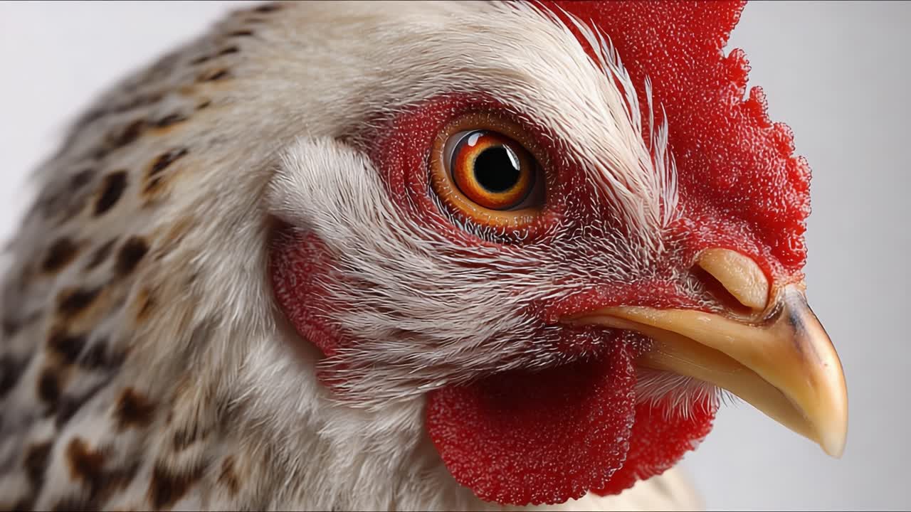 Primer plano de la hermosa cabeza de una gallina mostrando sus llamativas características y plumaje variado, con un enfoque en el ojo y la estructura de la cresta.