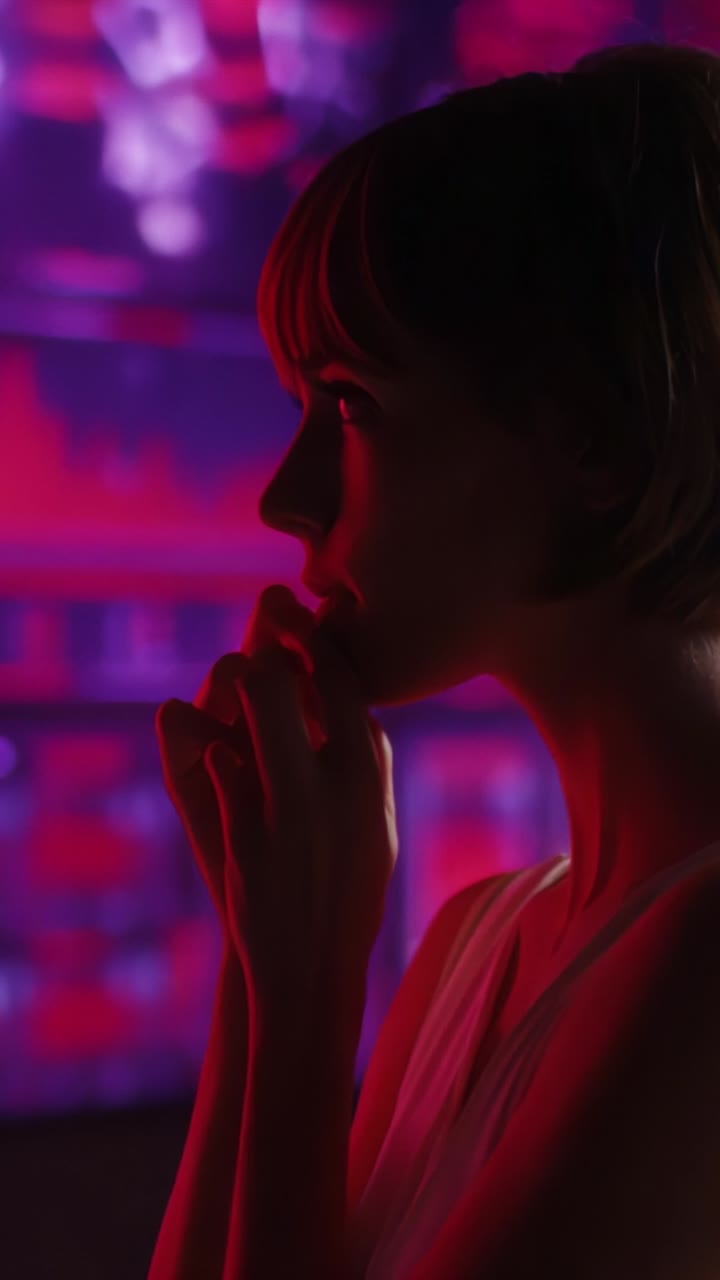 Contemplative Silhouette in Vibrant Light: A Profound Moment Captured Between Two Frames, Expressing Emotion and Intrigue with Bold Color Contrasts