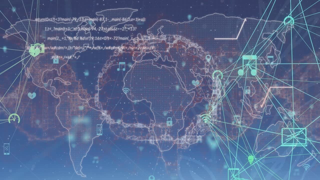 파란색 배경에 연결 네트워크와 데이터 처리를 가진 지구의 애니메이션