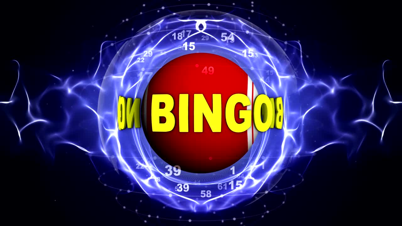 빙고 공을 둘러싼 빙고 텍스트 애니메이션, 알파 채널, 렌더링, 배경, 루프