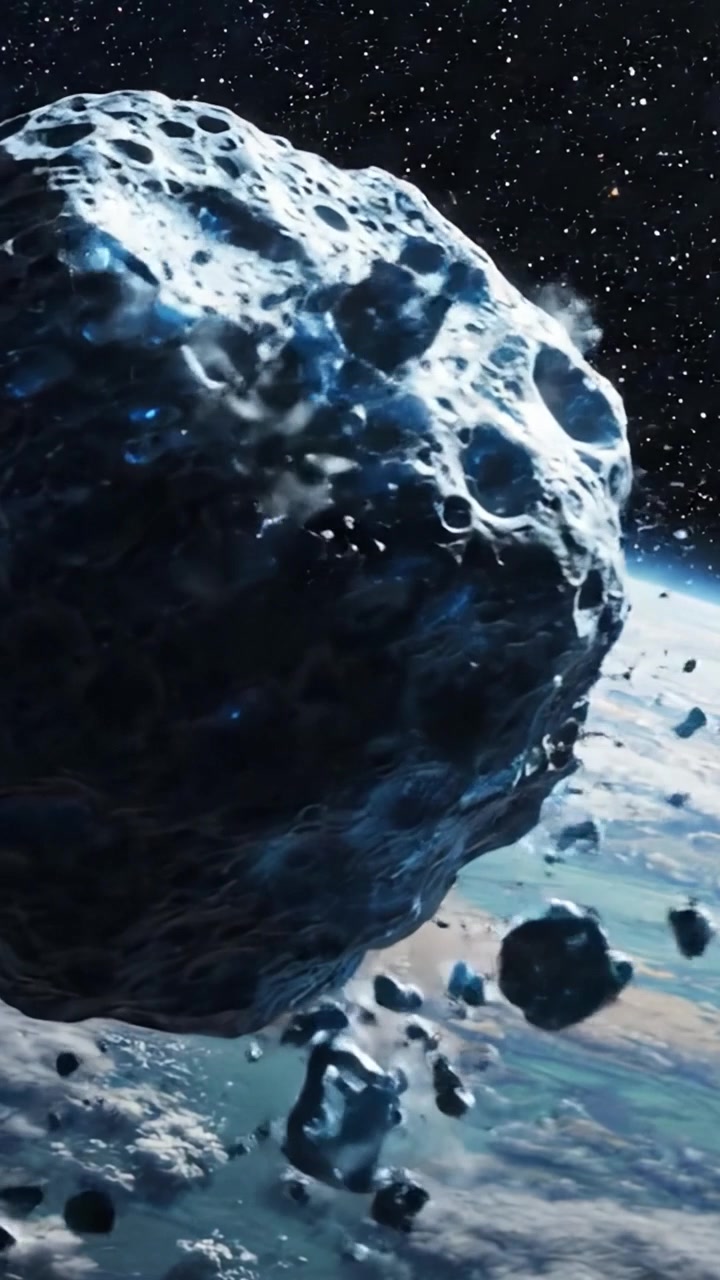 Esplorando la Frontiera Cosmica: Una Splendida Visualizzazione di un Asteroide che si Avvicina alla Terra, Circondato dalla Vastità dello Spazio e dai Corpi Celesti