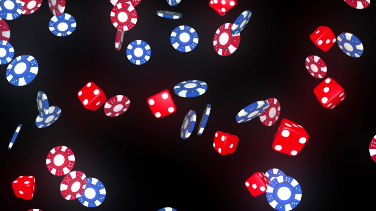 Casino set with cards, dice and chips on BlackJack Poker chips on Black Loop Green Screen Background.