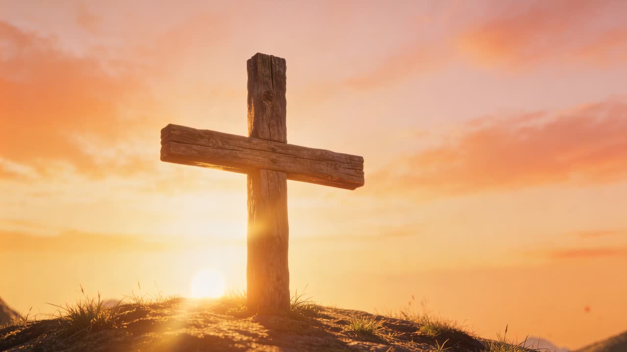 Rising sun casting glow behind wooden cross at hilltop, lens flare ...
