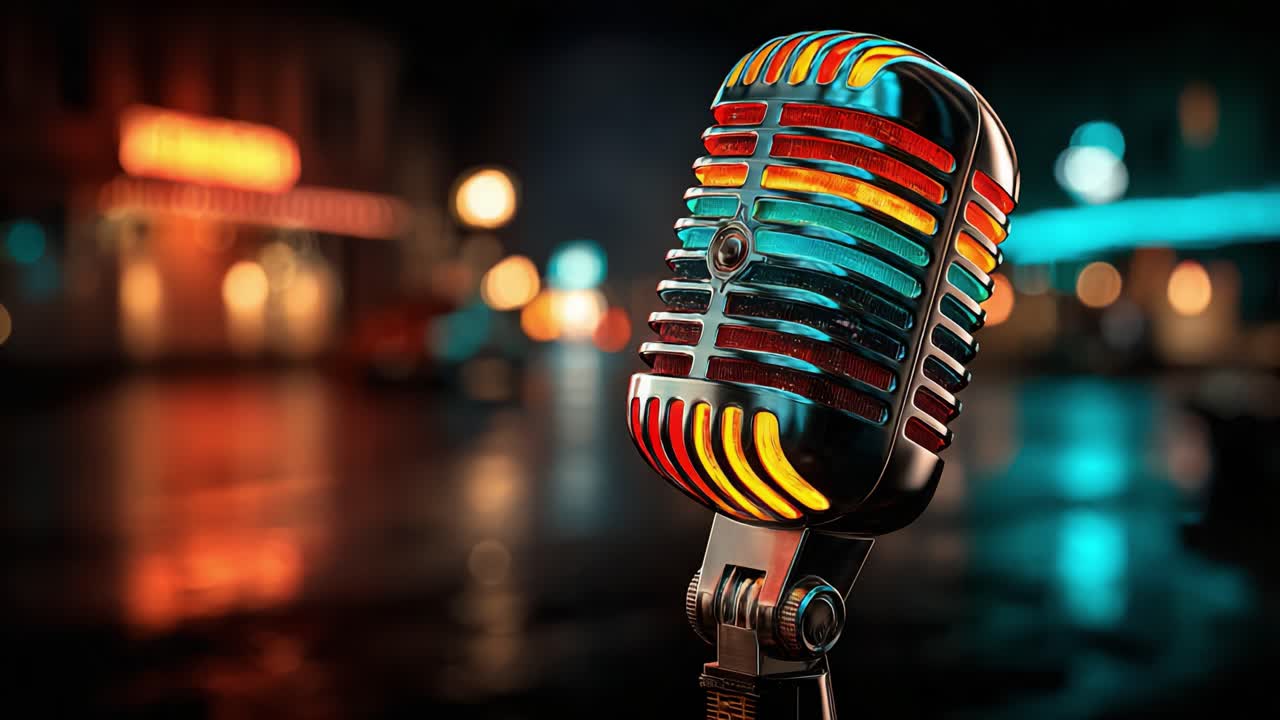 Vibrant Retro Microphone in a Dimly Lit Urban Setting, Capturing the Atmosphere of Live Music and Creative Expression in a Colorful and Stylish Design