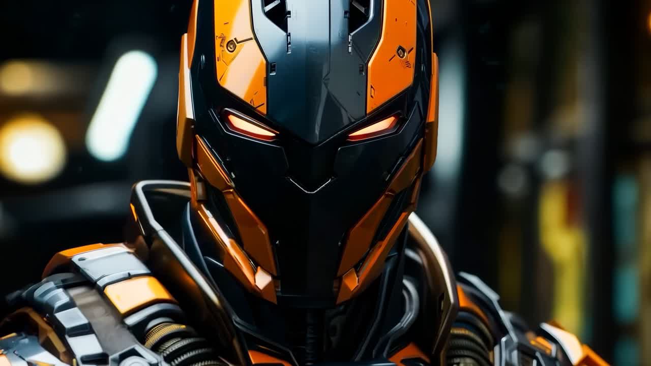 un hombre en un traje naranja y negro de pie en una habitación oscura