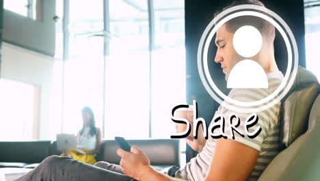 Animation of media icons and share text over biracial businessman using smartphone
