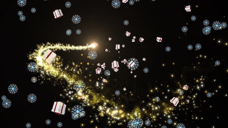 animation of snow falling over shooting star and christmas presents