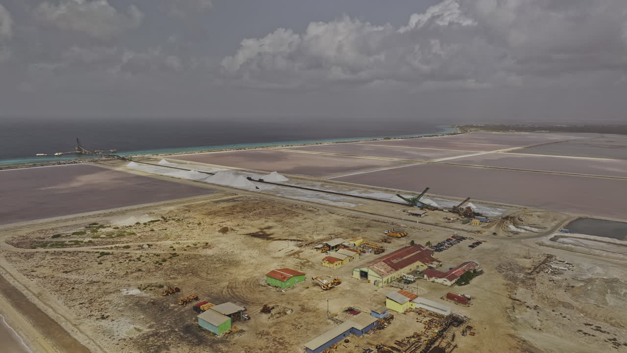 Bonaire Caribbean Netherlands Aerial v47 flyover a large-scale salt production facility along the coastline, with vast evaporation ponds and infrastructure - Shot with Mavic 3 Pro Cine - Feb 3rd 2024