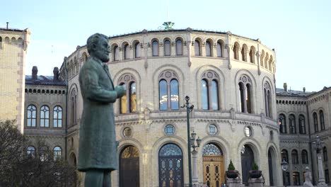 statue of johan sverdrup outside the parliament building in oslo, norway