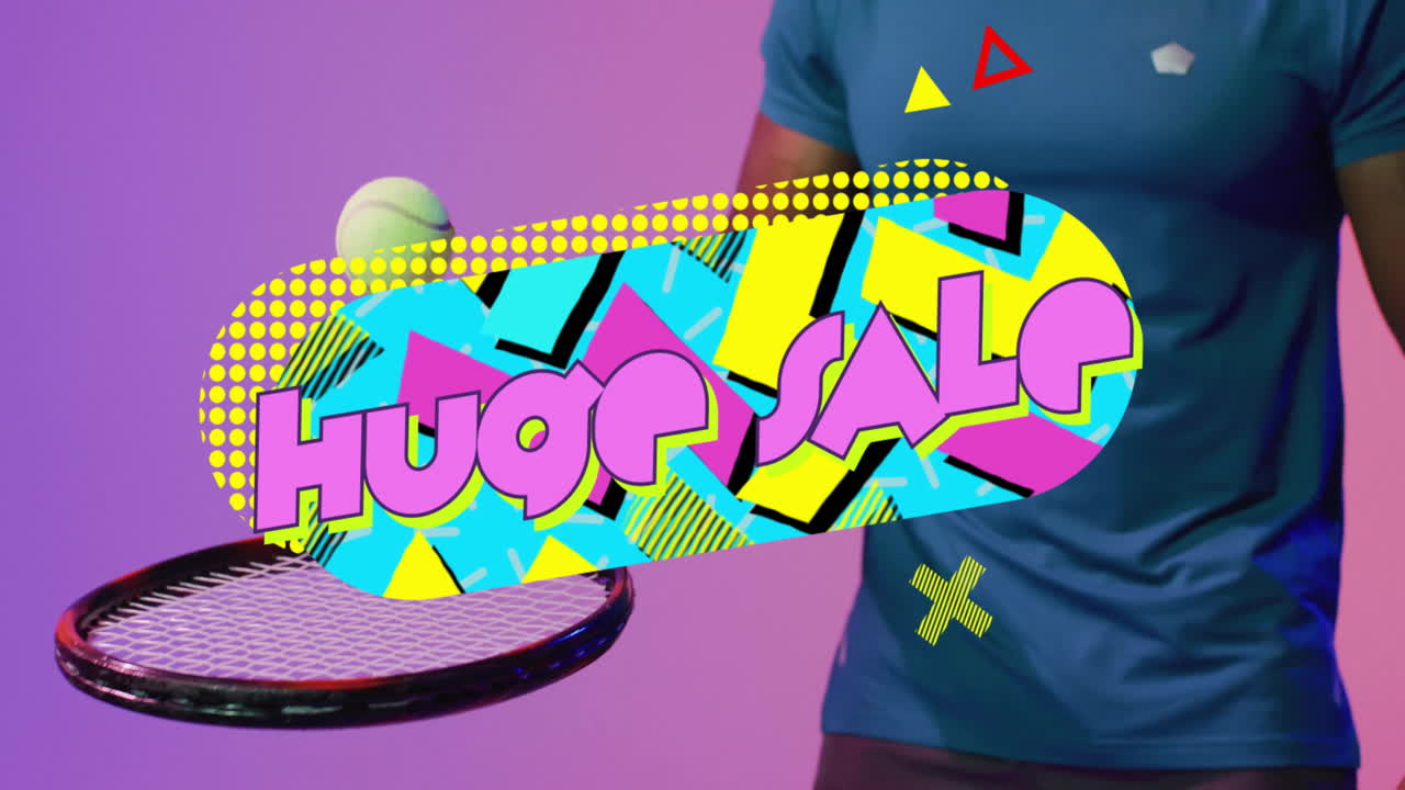 man holding tennis racket in studio, featuring marketing sale graphic with floating tennis ball