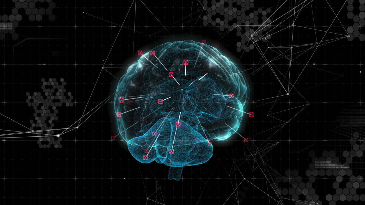 Spinning brain against network of connections on black background