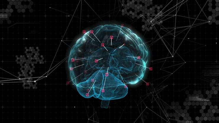 Spinning brain against network of connections on black background