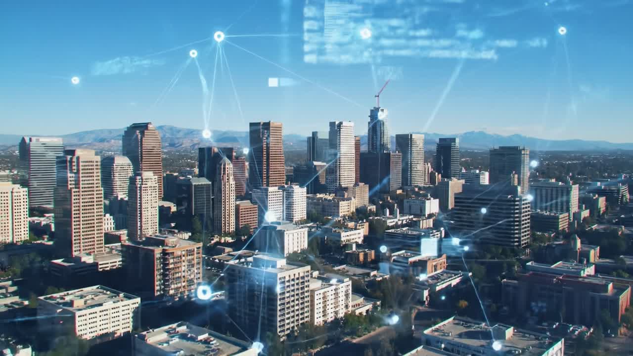 A stunning overview of a landscape where technology meets nature. This captivating setting showcases the intricate relationship between digital networks and the natural world during sunset hours.