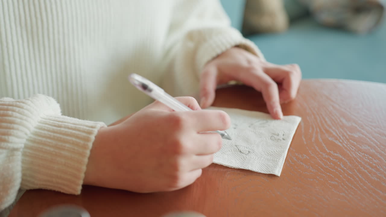 Close up of artist hand sketching casual doodles on tissue paper at wooden table, soft daylight and indoor ambiance create cozy atmosphere suggesting creativity