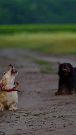 active dogs among nature. group of dogs running on the road near the forest in summer. happy pets play outdoors. vertical video