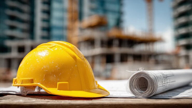 Escena de Construcción: Casco Amarillo y Planos Arquitectónicos en un Sitio de Obra con Edificación en el Fondo