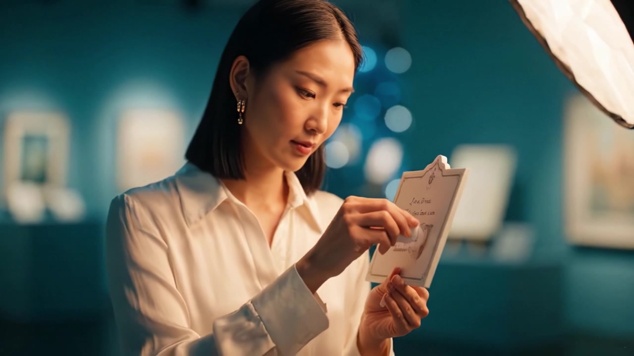 A woman in a bright blue exhibition space closely examines art notes while holding a clipboard, showcasing her engagement with the creative works around her.