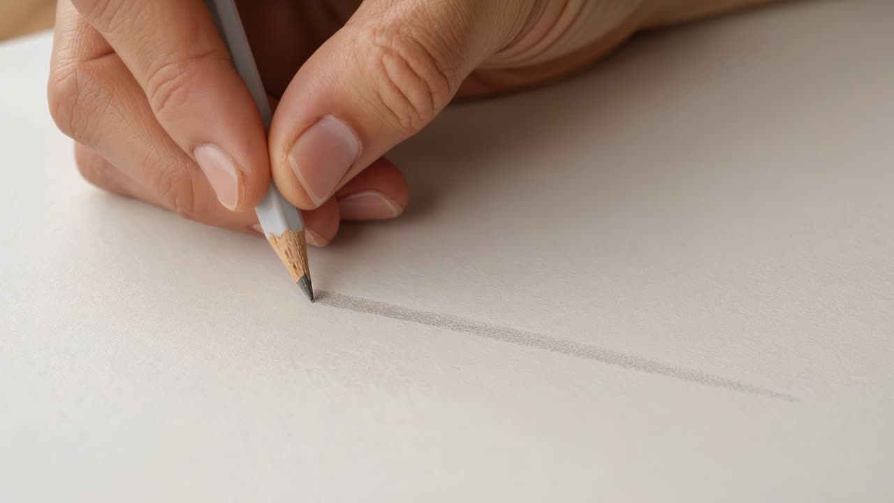 Returning pencil tip to diagonal line, right hand darkening short stroke on paper making cross mark