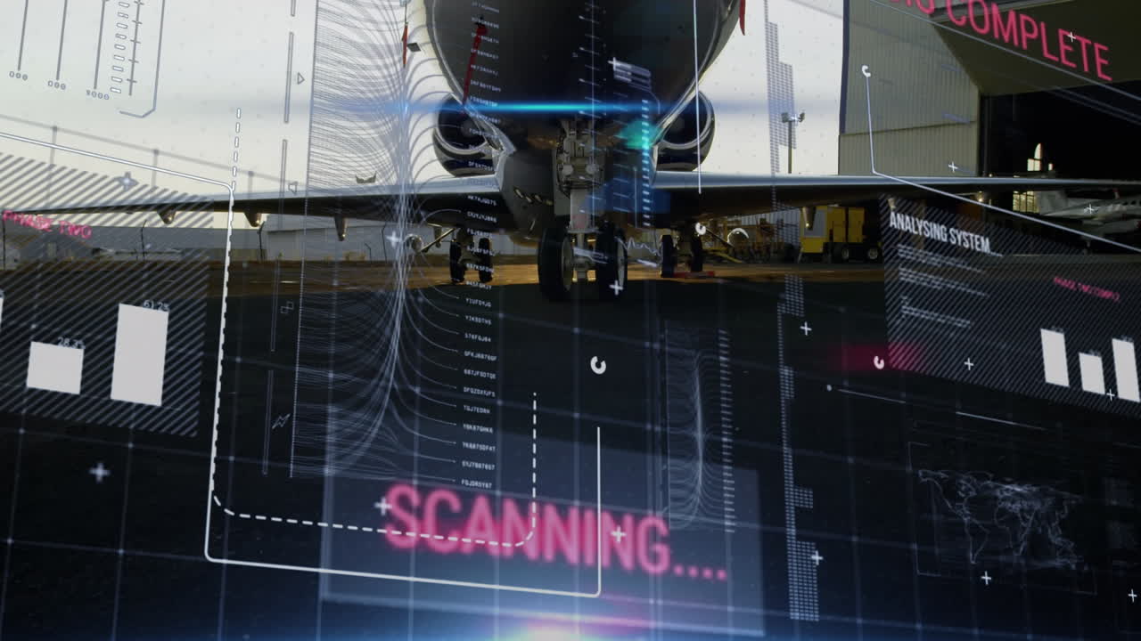 Animation af finansiel databehandling over et fly.
