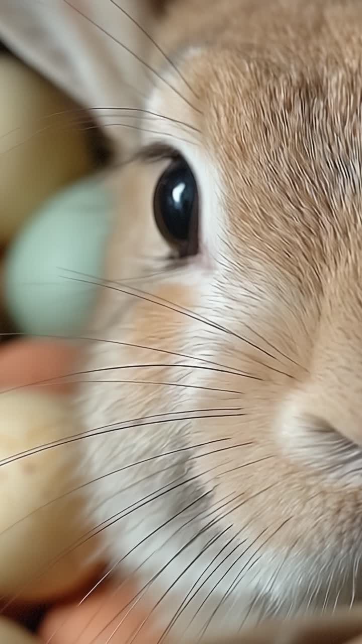 Close-Up View of a Cute Rabbit's Face with Colorful Eggs in the Background, Showcasing the Detail of Its Fluffy Fur and Big, Expressive Eyes
